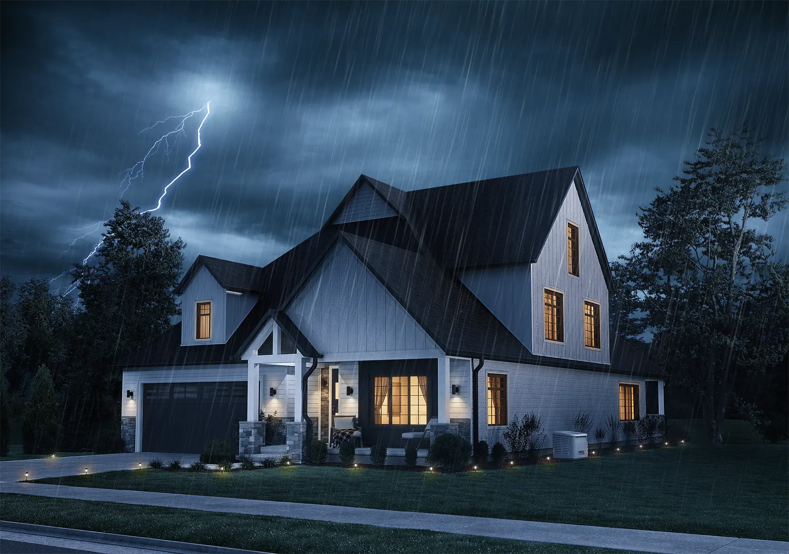 Home fully lit during a storm blackout, powered by a standby generator